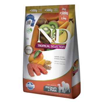 Ração N&D Tropical Selection Cães Adultos 2kg + 500g Grátis Porte Médio e Grande Sabor Salmão, Cereais e Frutas Tropicais - Imagem principal