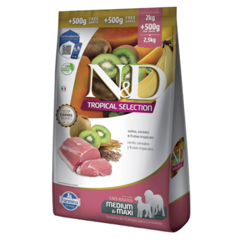 Ração N&D Tropical Selection Cães Adultos 2kg + 500g Grátis Porte Médio e Grande Sabor Suíno, Cereais e Frutas Tropicais - Imagem principal