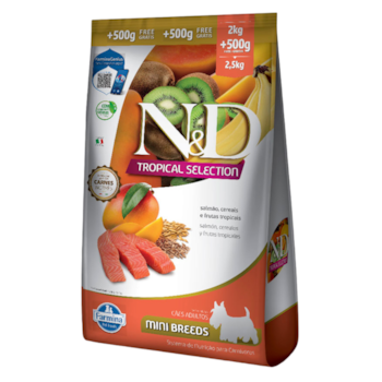 Ração N&D Tropical Selection Cães Adultos 2kg + 500g Grátis Porte Mini e Pequeno Sabor Salmão, Cereais e Frutas Tropicais - Imagem principal