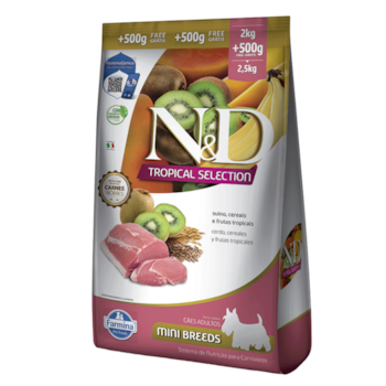 Ração N&D Tropical Selection Cães Adultos 2kg + 500g Grátis Porte Mini e Pequeno Sabor Suíno, Cereais e Frutas Tropicais - Imagem principal