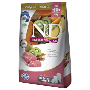 Ração N&D Tropical Selection Cães Filhotes 2kg + 500g Grátis Porte Médio e Grande Sabor Suíno, Cereais e Frutas Tropicais - Imagem principal