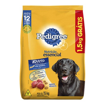 Ração Pedigree Nutrição Essencial para Cachorros Adultos Carne 13,5 kg + 1,5 Kg