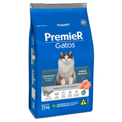 Produto Ração PremieR Ambientes Internos Gatos Castrados para Gatos de 6 meses até 6 Anos Frango 7,5kg