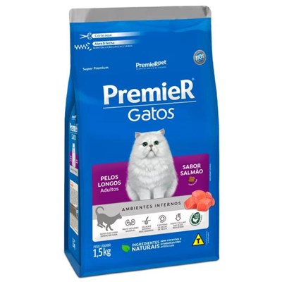 Produto Ração PremieR Ambientes Internos gatos pelos longos adultos salmão 1,5kg