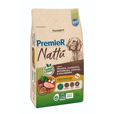 Produto Ração PremieR Nattu cachorros adultos frango, mandioca e linhaça 12,0kg