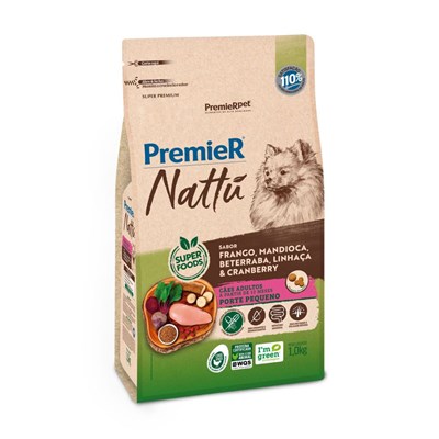 Produto Ração PremieR Nattu cachorros adultos raças pequenas frango, mandioca e linhaça 1,0kg