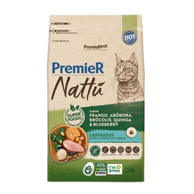 Produto Ração PremieR Nattu Gatos Adultos Castrados Frango, Abobora, Brócolis, Quinoa e Blueberry 1,5 kg