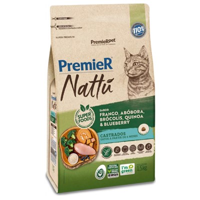 Ração PremieR Nattu Gatos Adultos Castrados Frango, Abobora, Brócolis, Quinoa e Blueberry 1,5kg