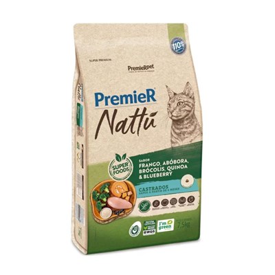 Produto Ração PremieR Nattu Gatos Adultos Castrados Frango, Abobora, Brócolis, Quinoa e Blueberry 7,5kg