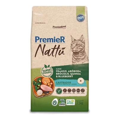 Ração PremieR Nattu Gatos Adultos Castrados Frango, Abobora, Brócolis, Quinoa e Blueberry 7,5kg