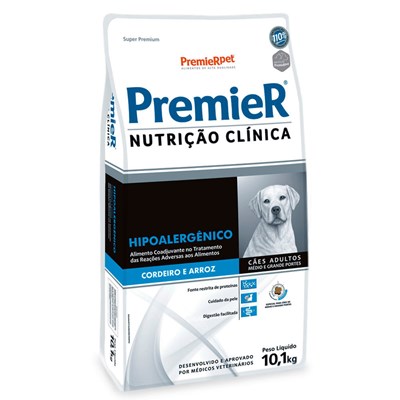 Produto Ração Premier Nutrição Clínica Hipoalergênico Cachorro Adulto Raças Médias e Grandes Cordeiro e Arroz 10,1kg