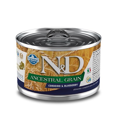 Produto Ração Úmida Lata N&D Ancestral Grain para cachorros adultos cordeiro e blueberry 140g