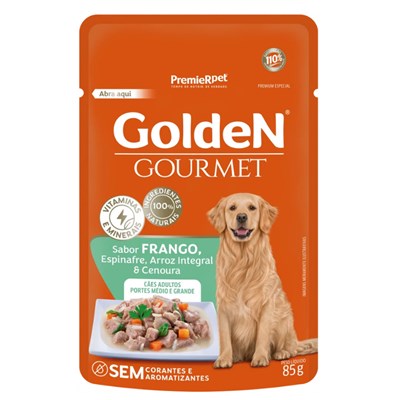 Produto Ração Úmida Sachê GoldeN Gourmet para cães adultos de raças médias e grandes sabor frango 85g