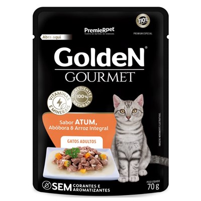 Produto Ração Úmida Sachê GoldeN Gourmet para gatos adultos sabor atum 70g