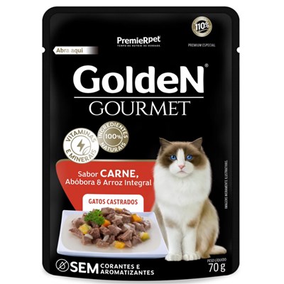 Produto Ração Úmida Sachê GoldeN Gourmet para gatos castrados sabor carne 70g