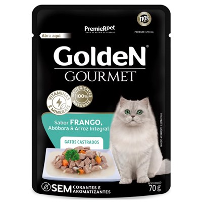 Produto Ração Úmida Sachê GoldeN Gourmet para gatos castrados sabor frango 70g