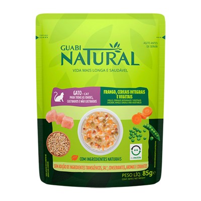Produto Ração Úmida Sachê Guabi Natural Para Gatos 85gr sabor Frango, Cereais Integrais e Vegetais
