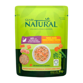 Ração Úmida Sachê Guabi Natural Para Gatos 85gr sabor Frango, Salmão, Cereais Integrais e Vegetais - Imagem principal