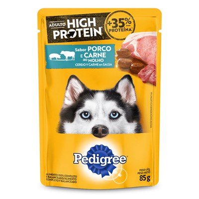 Produto Ração Úmida Sachê Pedigree High Protein Sabor Porco e Carne ao Molho para Cães 85gr