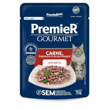 Ração Úmida Sachê PremieR Gourmet Gatos Adultos Carne, Espinafre e Arroz Integral 70gr - Imagem principal