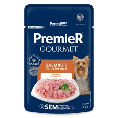Produto Ração Úmida Sachê Premier Gourmet para Cães Adultos de Porte Pequeno Salmão e Arroz Integral 85g
