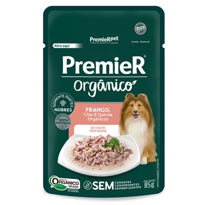 Produto Ração Úmida Sachê PremieR Orgânico para Cães Adultos Porte Pequeno Frango, Chia e Quinoa 85 gr