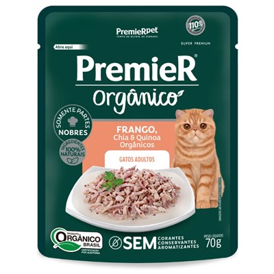 Produto Ração Úmida Sachê PremieR Orgânico para Gatos Adultos sabor Frango, Chia e Quinoa 70gr