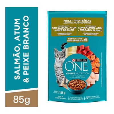 Produto Ração Úmida Sachê Purina One Multi Proteínas para Gatos Adultos e Filhotes sabor Salmão, Atum e Peixe Branco 85gr
