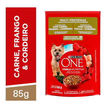 Ração Úmida Sachê Purina One para Cães Adultos e Filhotes sabor Carne Frango e Cordeiro 85gr - Imagem principal