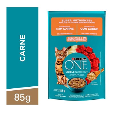 Produto Ração Úmida Sachê Purina One Super Nutrientes para Gatos Adultos e Gatos Castrados 85gr sabor Carne