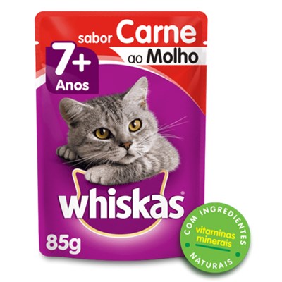 Produto Ração Úmida Sachê Whiskas para gatos adultos +7 anos carne ao molho 85g
