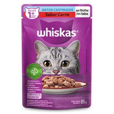 Produto Ração Úmida Sachê Whiskas para gatos adultos castrados carne 85g