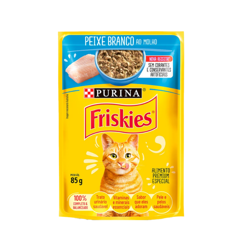 Sachê Purina Friskies® | Gatos Adultos Peixe Branco ao molho 85g