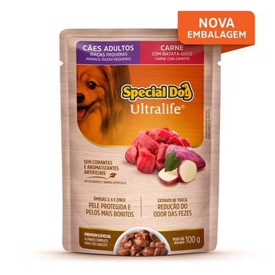 Produto Sachê Special Dog para Cachorros Adultos Raças Pequenas 100gr sabor Carne e Batata-Doce