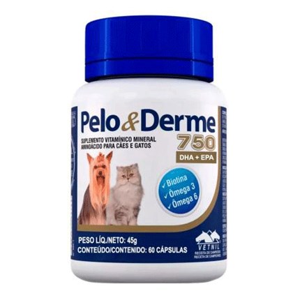 Suplemento Pelo e Derme para Cães e Gatos com 60 Cápsulas 750 mg