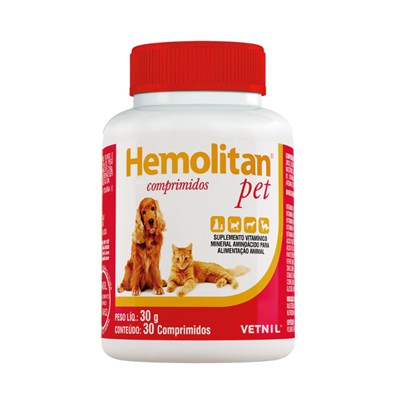 Suplemento Vitamínico Vetnil Hemolitan Pet para Cachorros e Gatos 30 comprimidos