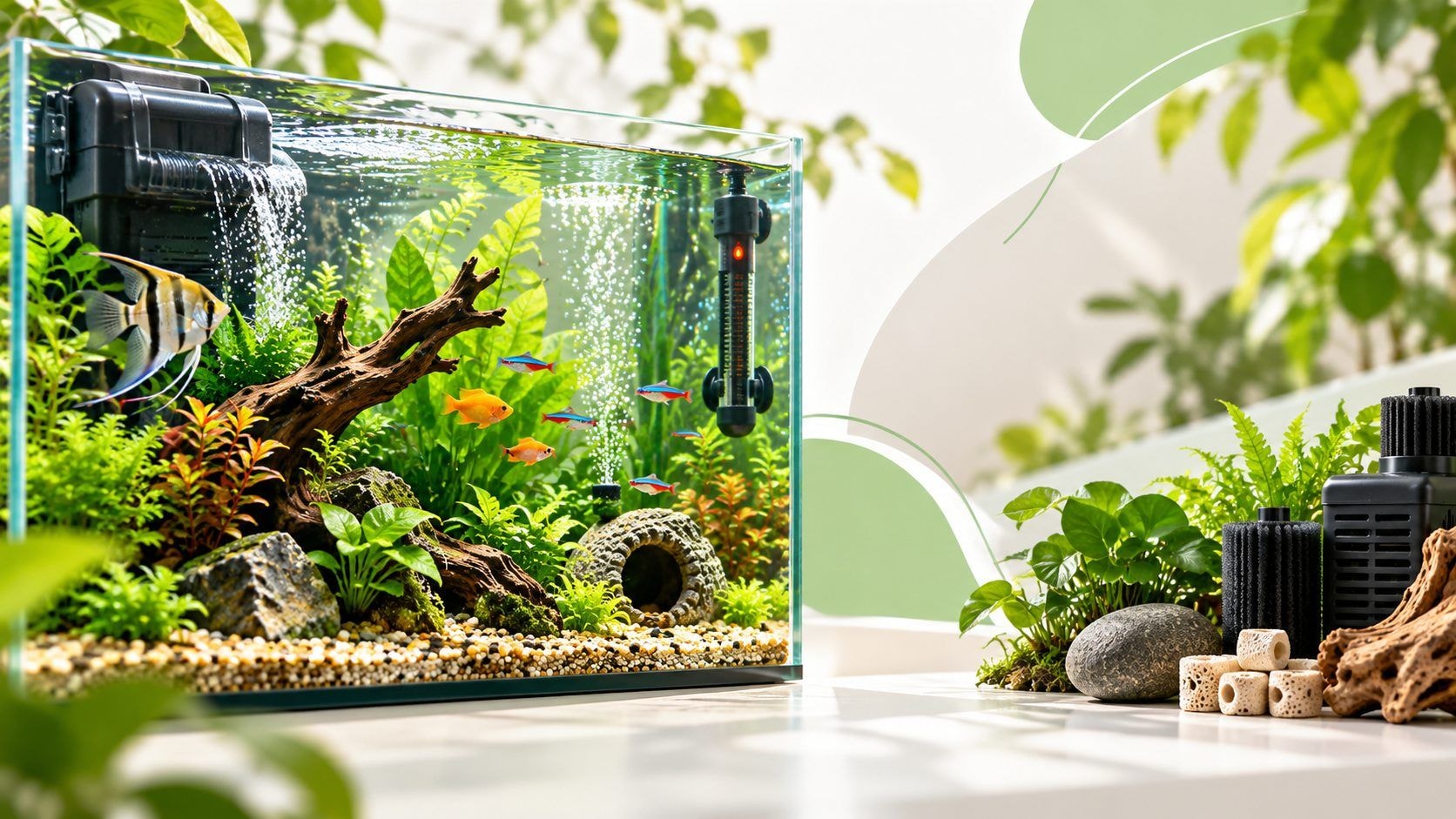 Aquário com filtro, aquecedor, plantas e equipamentos de oxigenação