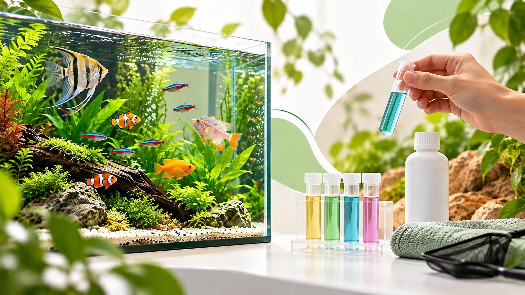 Teste de parâmetros da água em aquário com peixes ornamentais