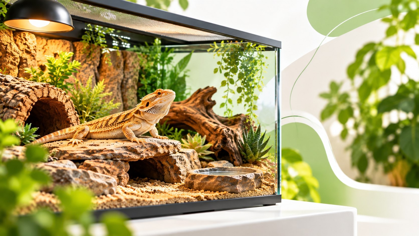 Dragão-barbudo em terrário com lâmpada e acessórios de habitat