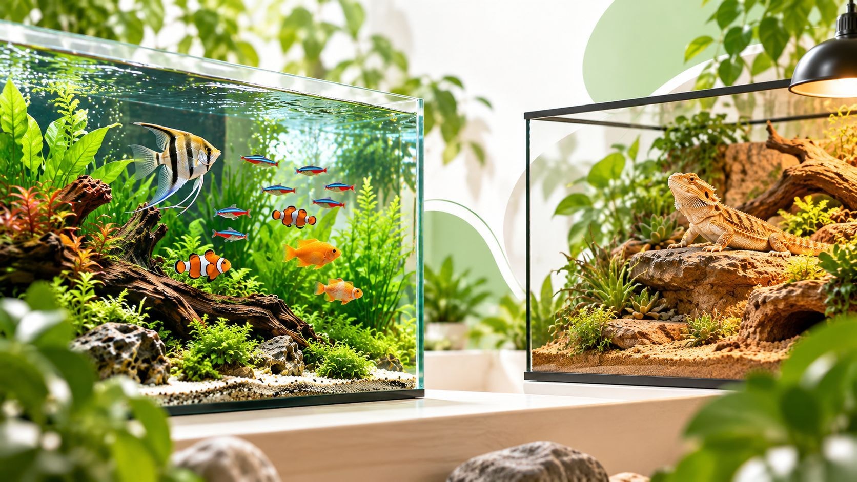 Habitats para peixes e répteis com aquário plantado e terrário naturalista