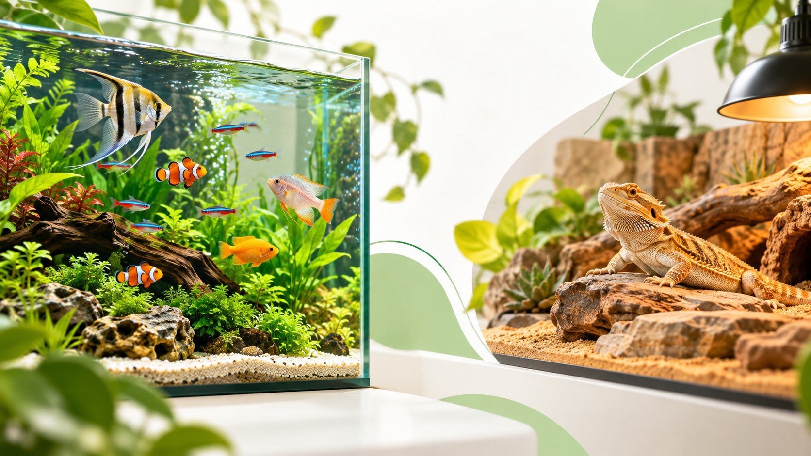 Aquário com peixes ornamentais e terrário com réptil na Polipet