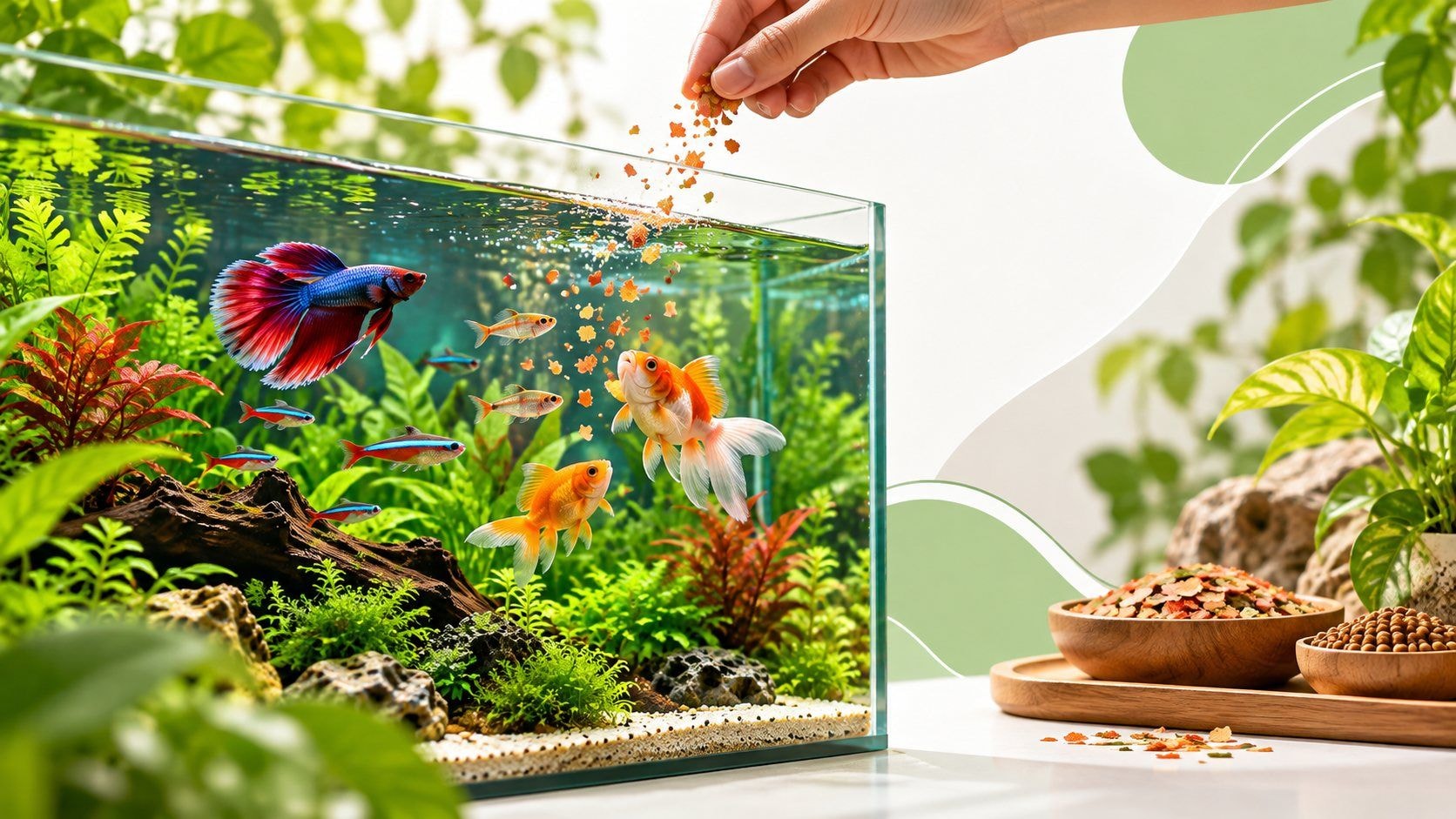 Alimentação de peixes ornamentais com rações em flocos e granulados